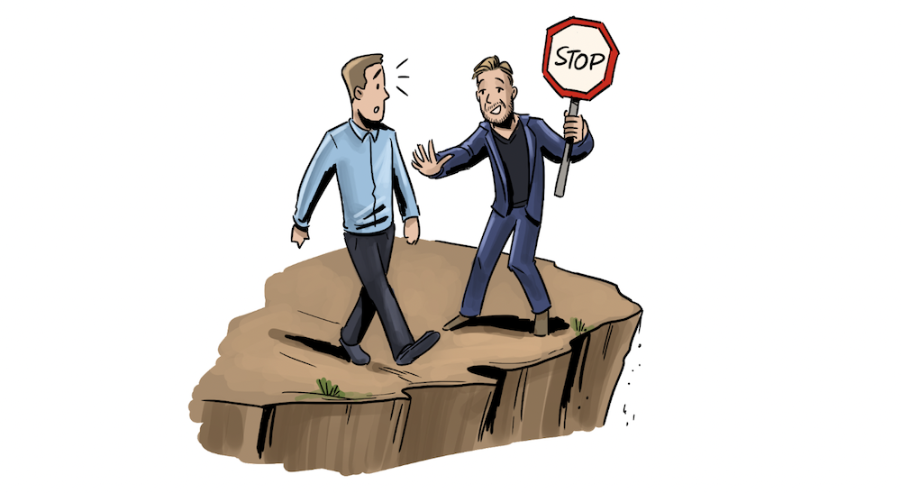 Unternehmer, der gerade unwissend auf einen Abgrund zuläuft. Daneben steht Alex Düsseldorf Fischer und hält ein "Stop-Schild".