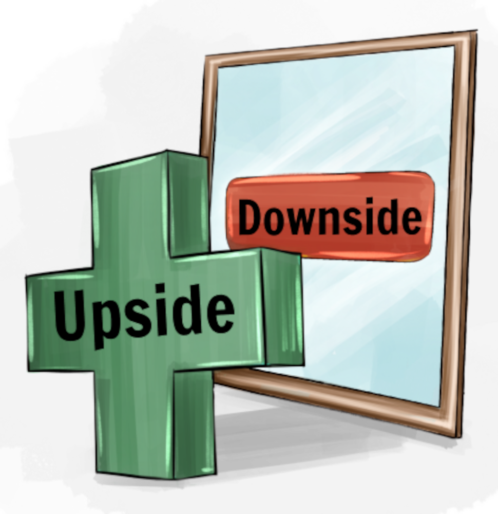 Grafik zu: Jede Upside (= Vorteil) hat eine Downside (= Nachteil), aber auch jede Downside hat eine Upside.
